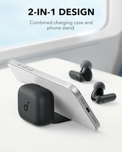 Wireless earbuds with phone stand and charging case.