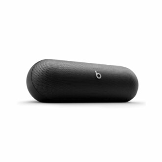 Black portable speaker with a sleek design.