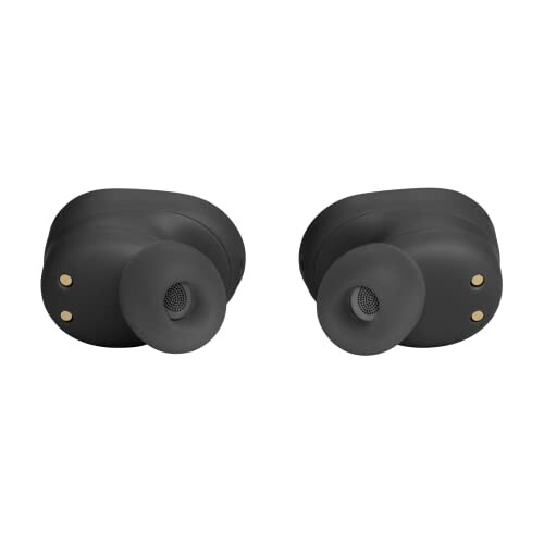 Black wireless earbuds on white background