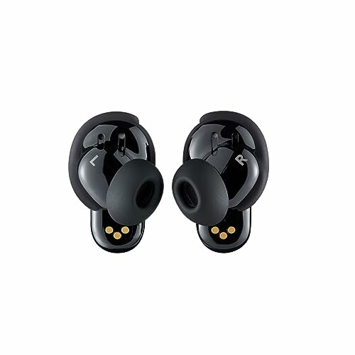 Pair of black wireless earbuds with L and R markings