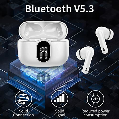 Bluetooth V5.3 earbuds with charging case, solid connection, signal, and reduced power consumption.