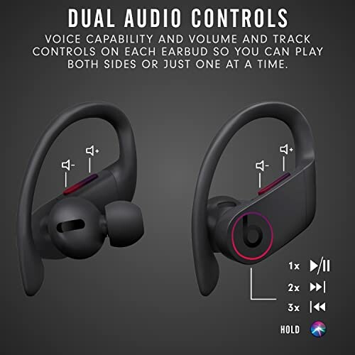 Dual audio controls on earbuds with voice, volume, and track features.