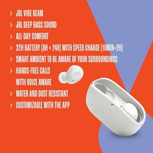 JBL Vibe Beam earbuds with features listed.