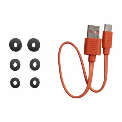 Orange USB cable with six black rubber rings.