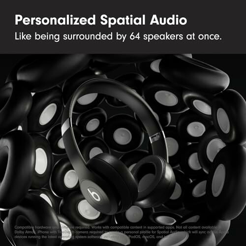 Headphones surrounded by multiple speakers illustrating personalized spatial audio.