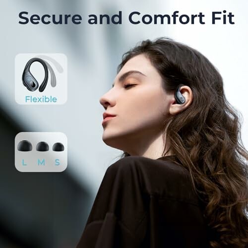 Woman wearing secure fit earbuds with flexible design and size options.