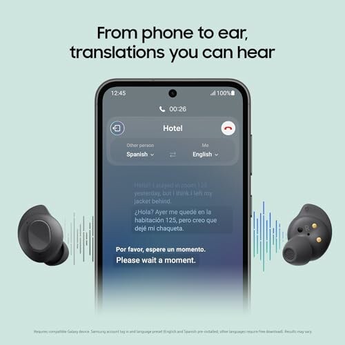 Smartphone displaying translation feature with earbuds nearby.