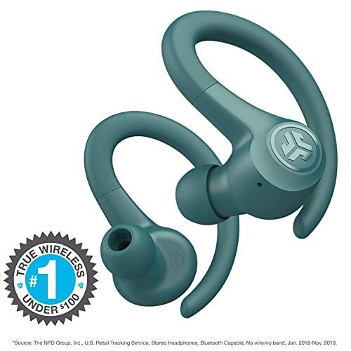 Teal wireless earbuds with ear hooks