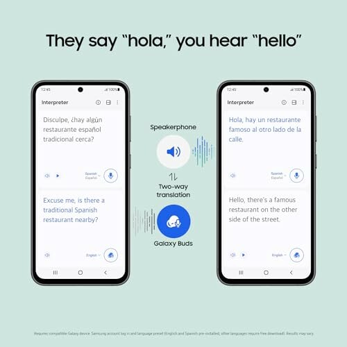 Two smartphones showing a translation app in action with audio icons.