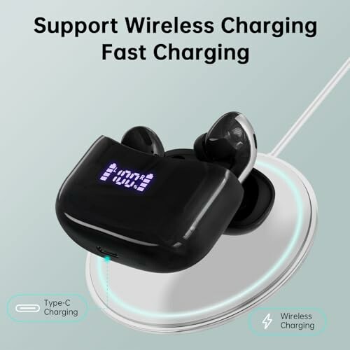 Wireless earbuds in charging case on wireless charger.