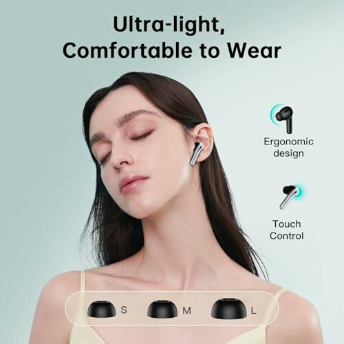 Woman wearing ultra-light wireless earbuds with ergonomic design and touch control.