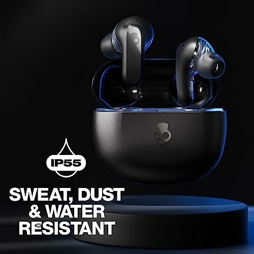 Wireless earbuds with charging case, labeled IP55 sweat, dust, and water resistant.