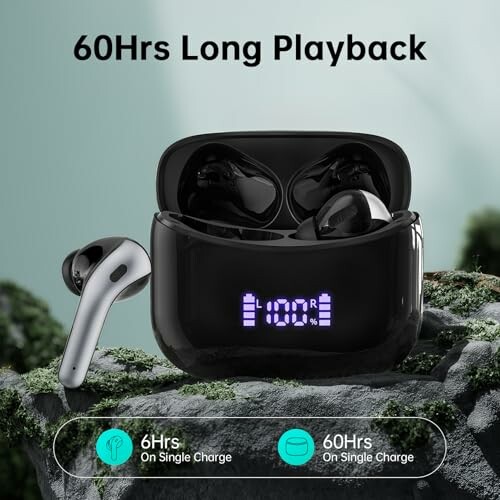 Wireless earbuds with 60 hours long playback and charging case on a rock surface.