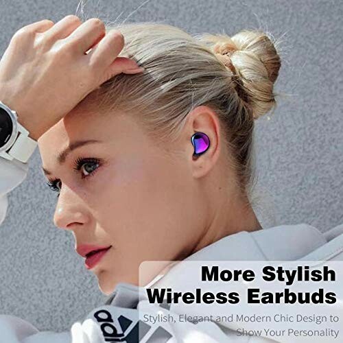 Woman wearing stylish wireless earbuds.